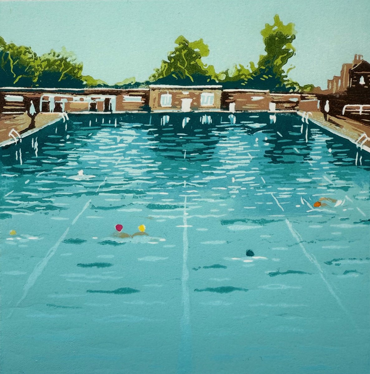 Graphic Landscape Linocut By Rebecca Denton, 10 X 10", Summer Swim, Brockwell Lido, Original Artwork