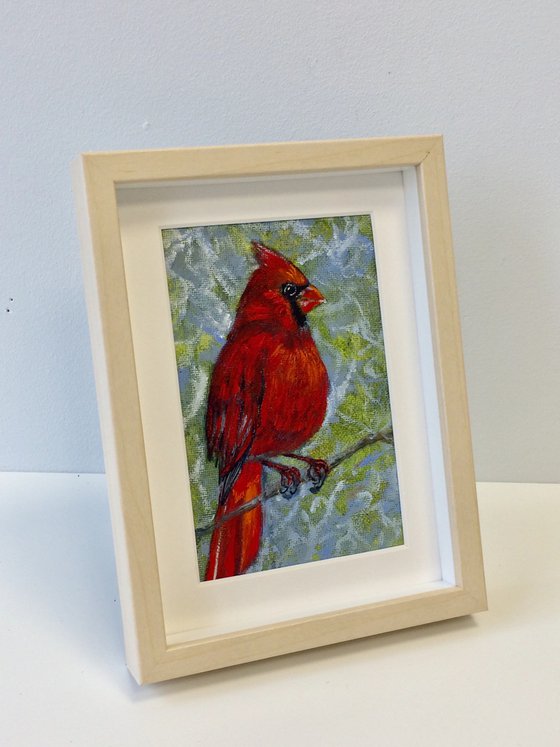 Bird oil painting - Red cardinal small canvas in frame - Christmas gift idea for bird lover