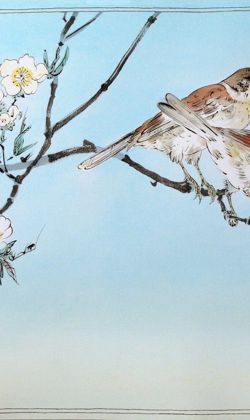 Two Sparrows on Plum Blossom Branch by Olga Beliaeva Watercolour