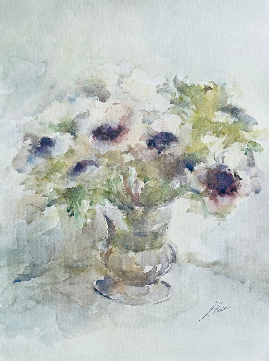 Impressionistic Botanical Watercolour By Elena Klyan, 14 X 19, Anemones 2025, Original Artwork