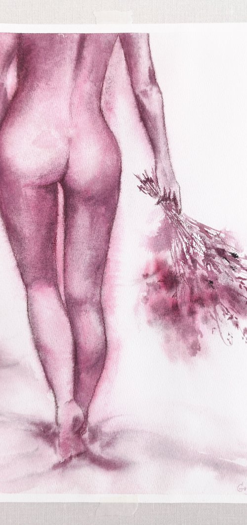 Nude sensual girl watercolor painting "Promenade" by Olga Grigo