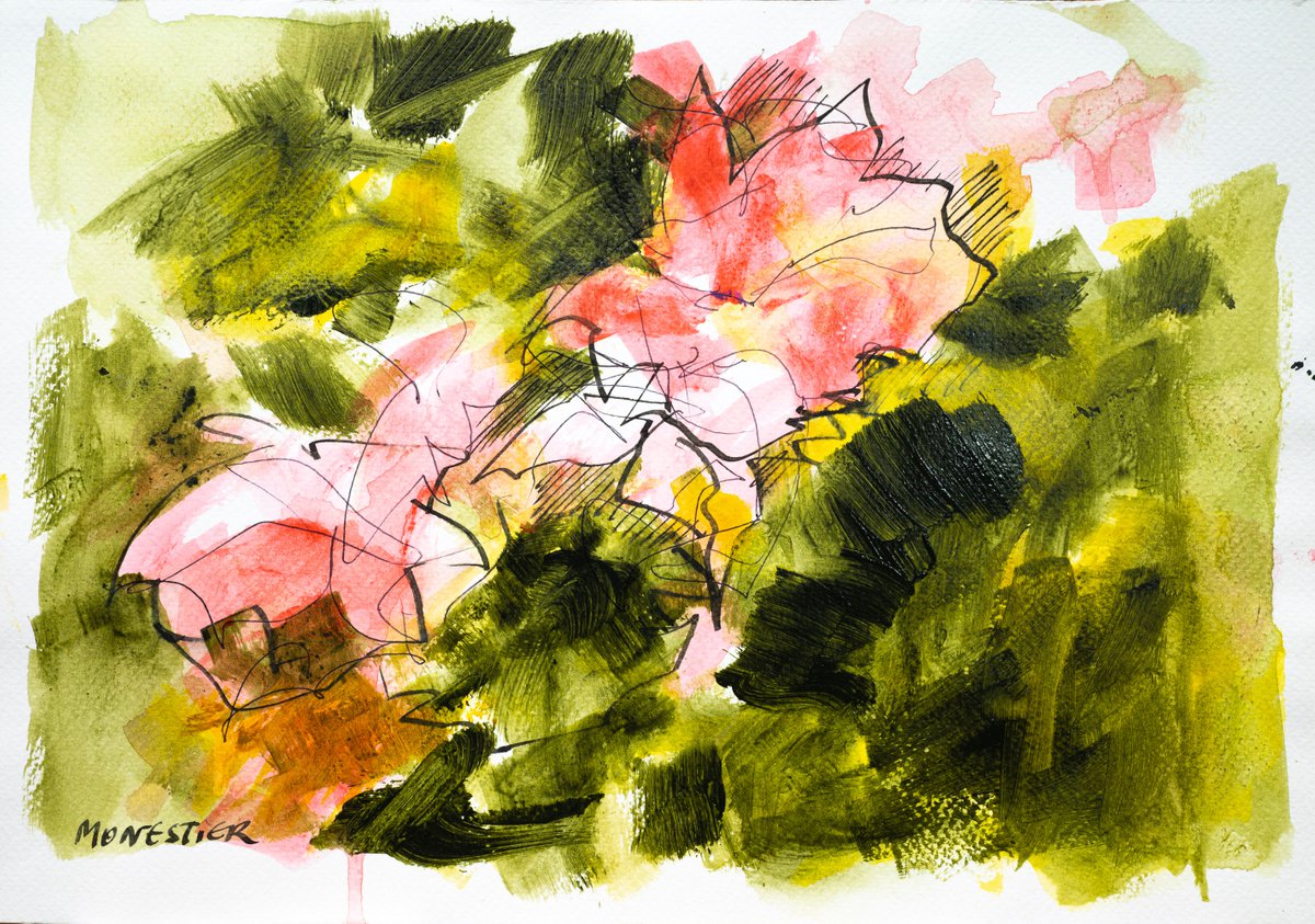 Abstract Botanical Acrylic Painting By Fabienne Monestier, 13 X 9, Floral Sketch 4 Pink And Green, Original Artwork