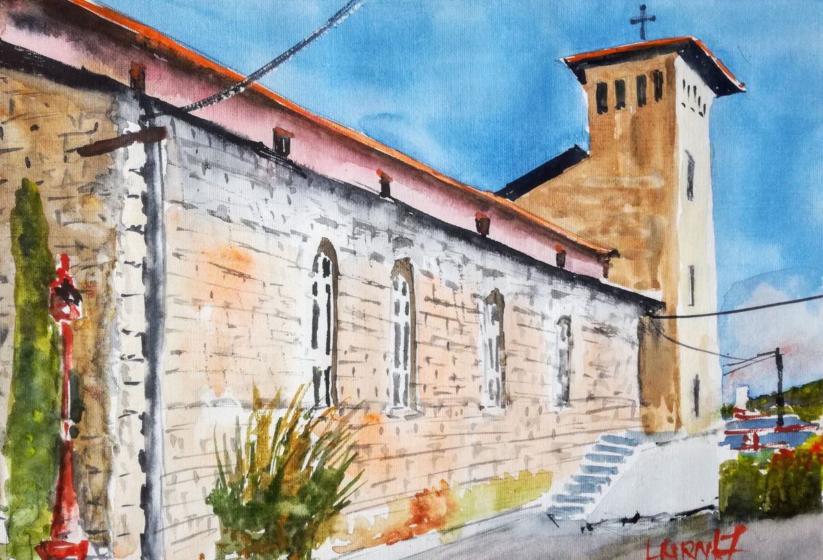 Impressionistic Cityscapes Watercolour By Leonid Kirnus, 11 X 8", Village Church, Original Artwork