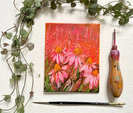 Pink Echinacea, small acrylic landscape canvas board painting