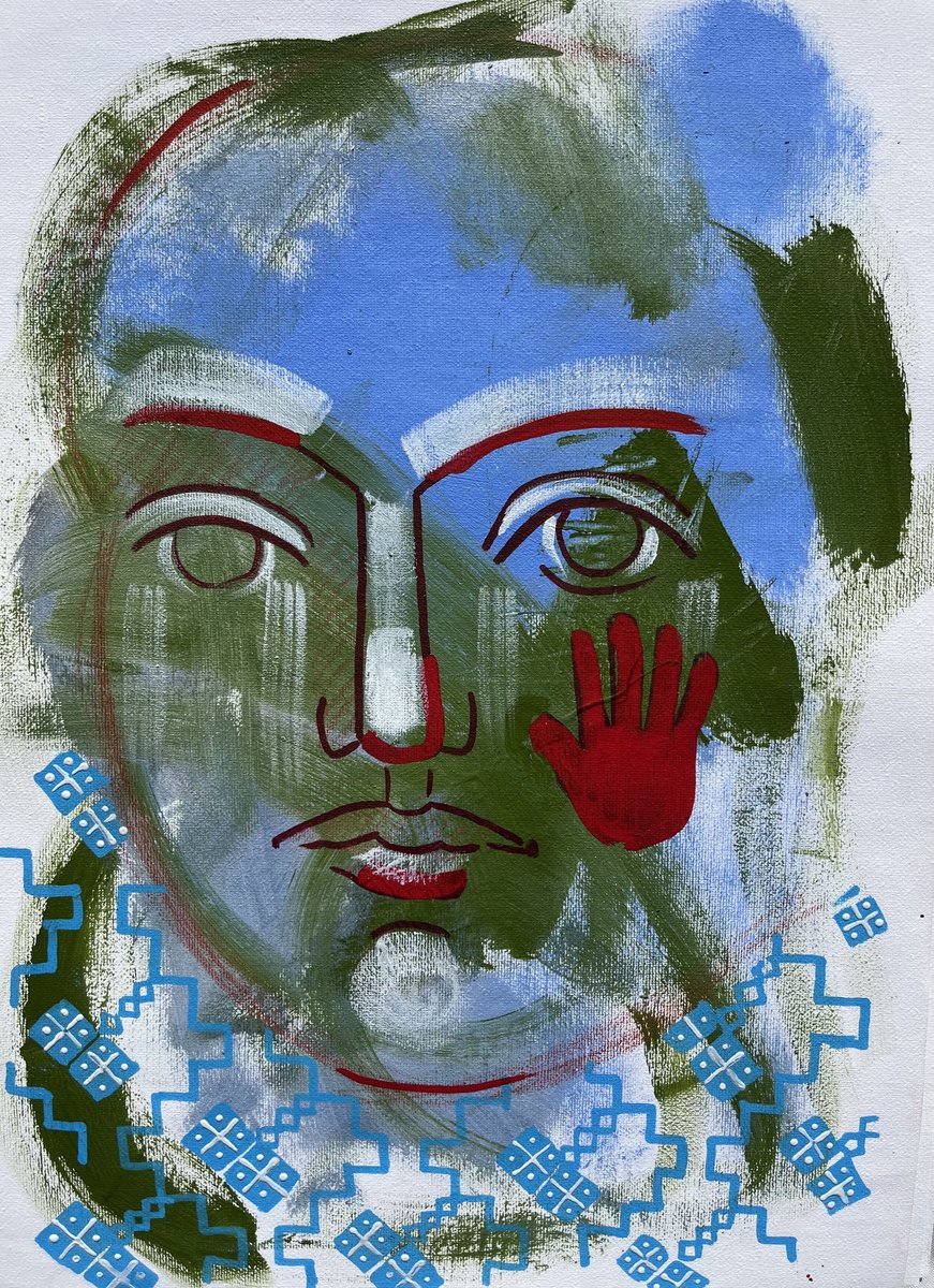 Naive Portrait Painting By Yuliia Chaika, 12 X 16", Abstract Portrait With Hand, Original Artwork