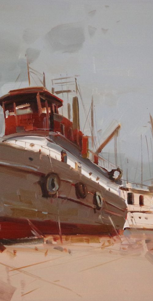 Tug on the Shore, Seascape, Original oil painting, Handmade artwork, One of a kind, Signed with Certificate of Authenticity by Vahe Yeremyan