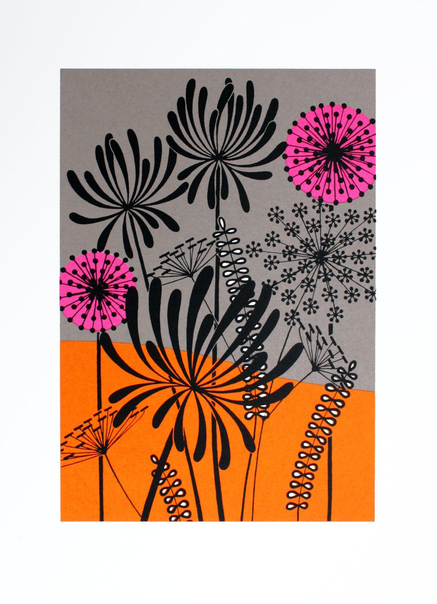 Botanical Screenprint By Kath Edwards, 10 X 14", Fireworks (Orange), Original Artwork
