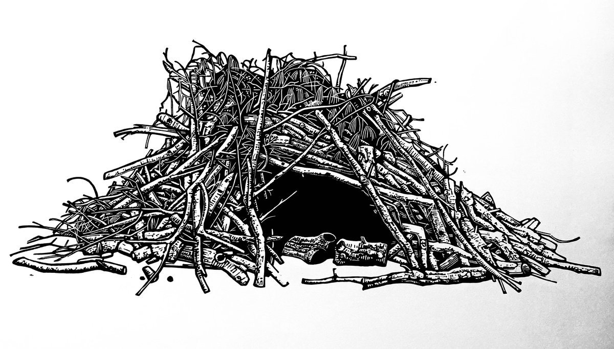 Forest Shelter (mono) linocut print by Ieuan Edwards