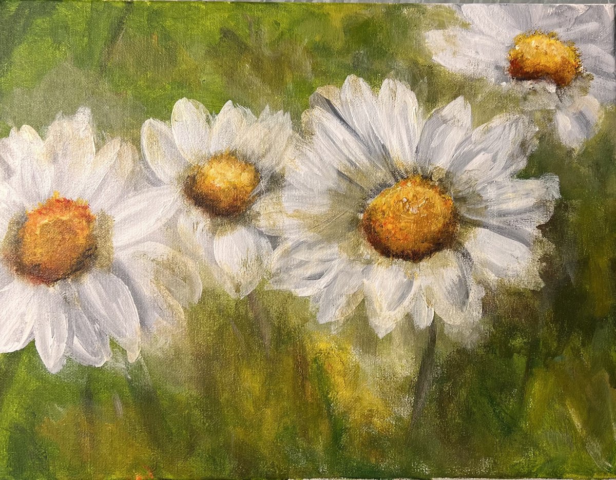 Impressionistic Botanical Acrylic Painting By Carolyn Shoemaker (Soma), 16 X 12, 4 Daisies, Original Artwork