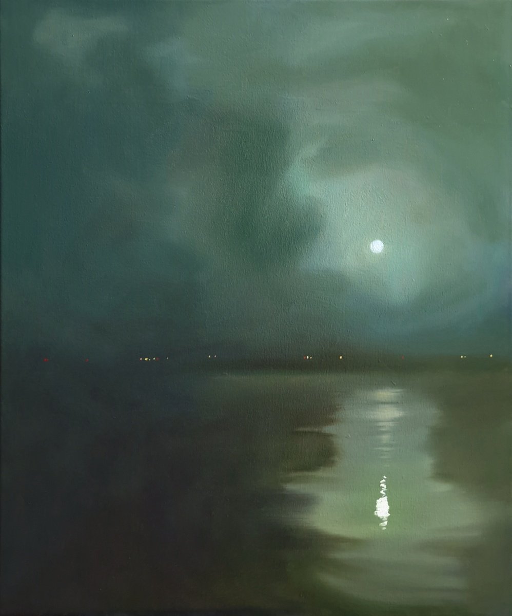 Impressionistic Landscape Oil Painting By Dita Galas, 20 X 24, Evening On The Shore, Original Artwork