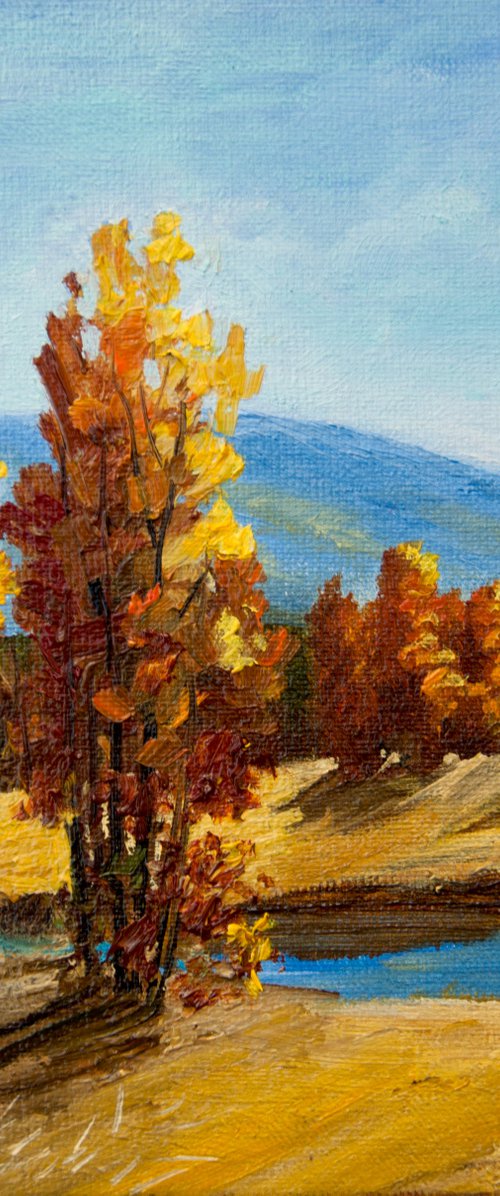Fall landscape. Oil painting. Miniature art. 6 x 6 in. by Tetiana Vysochynska