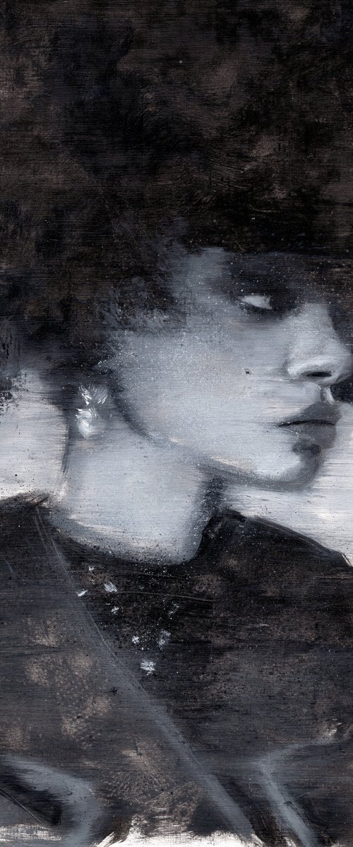 Raven | Black and white oil painting on paper | beautiful powerful make up fashion muse afro model woman lady by Renske Karlien Hercules