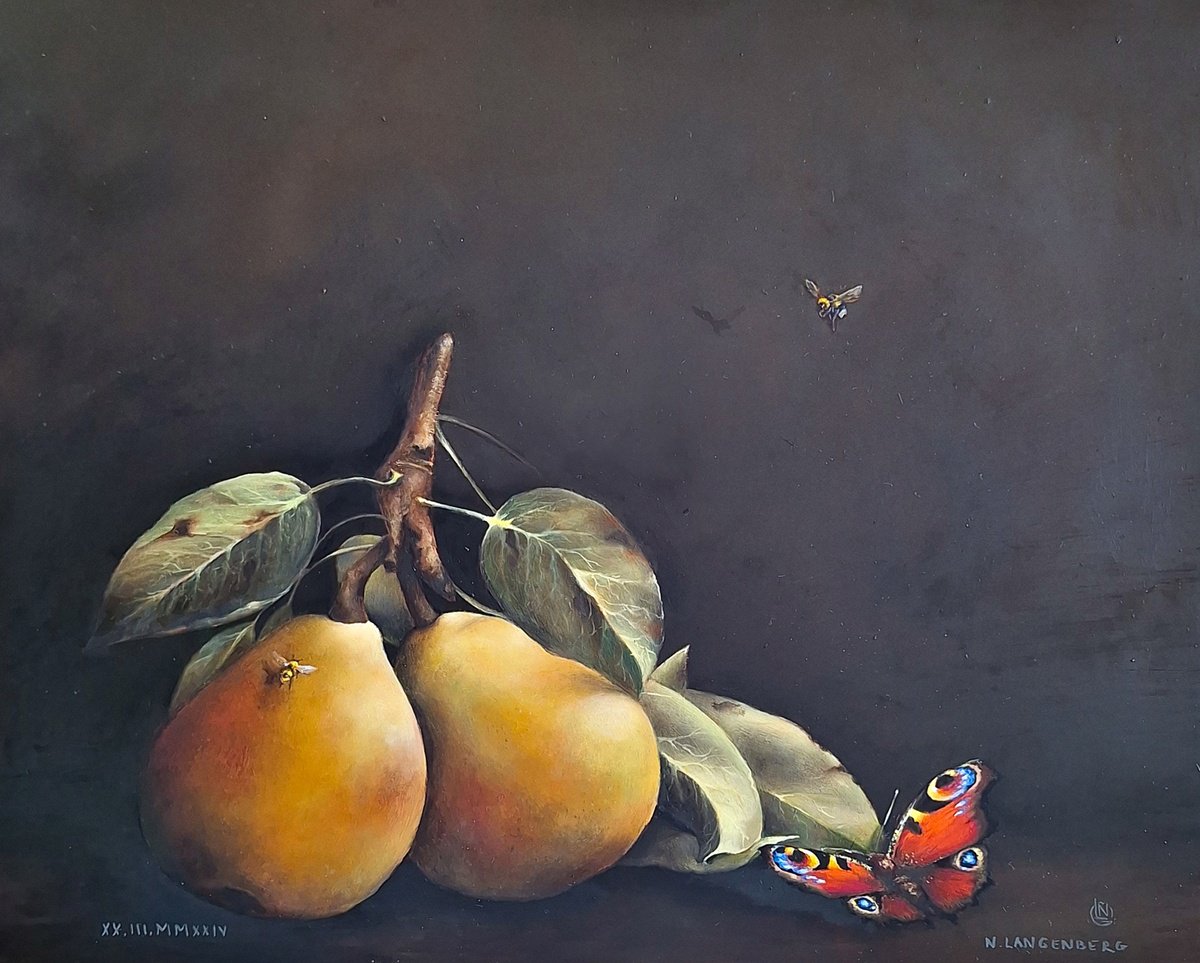 Photorealistic Still Life Oil Painting By Natalia Langenberg, 12 X 9", Pears Butterfly Bees, Original Artwork