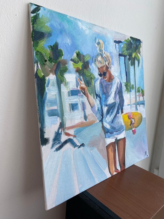 Summer Vibes - oil painting, original gift, summer, palm trees, skate, girl, city, blonde, office decor, home interior, wall art