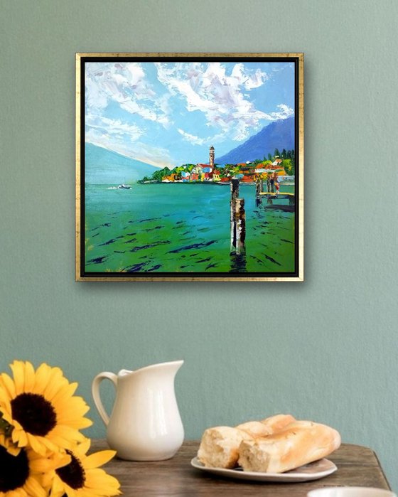 Limone on a Sunny Day. Lake Garda. Italy Landscape, Oil Painting
