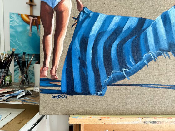 Women with Blue Towel - Female Figure on Beach
