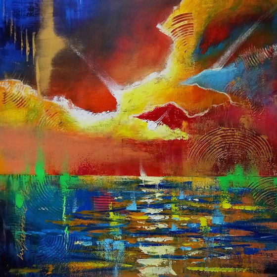 'RED SUNSET OVER THE SEA' - Large Square Acrylic Painting on Canvas