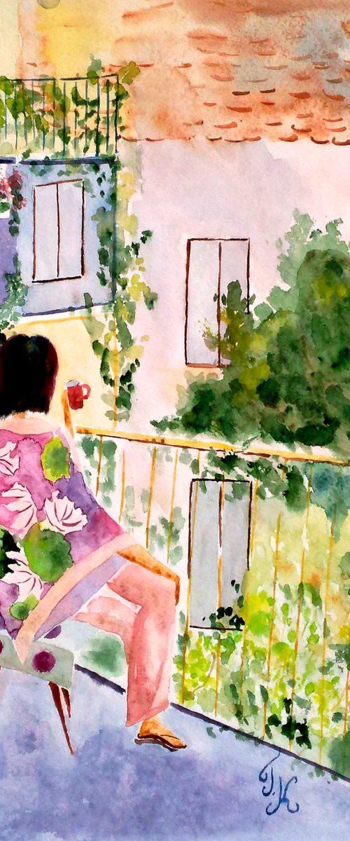Woman Painting Paris Morning Original Art Lady Small Watercolor Coffee Time Artwork Home Wall Art 12 by 17" by Halyna Kirichenko by Halyna Kirichenko