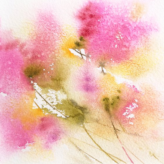 Soft pink abstract flowers, small watercolor painting