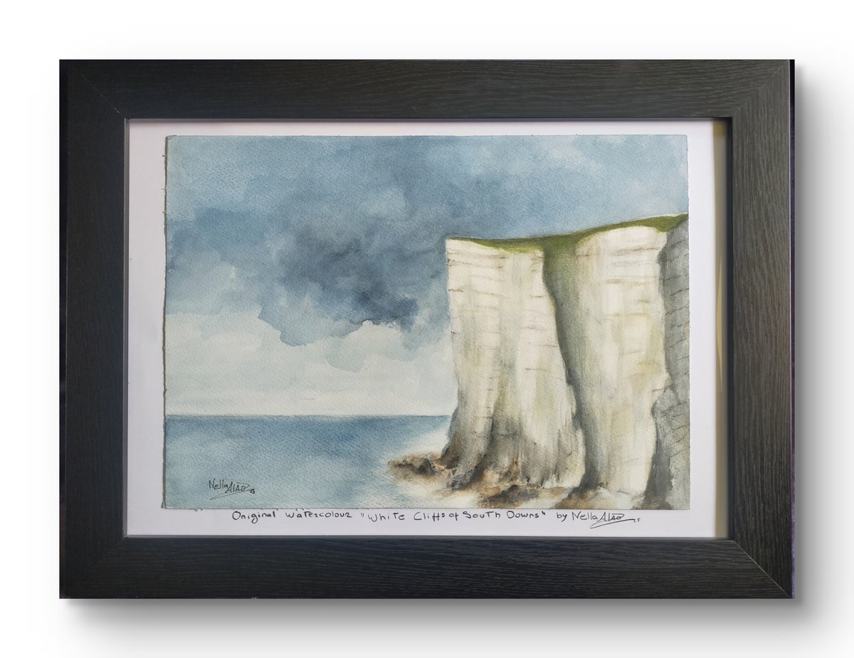 Landscape Watercolour By Nella Alao, 17 X 13", White Cliffs Of South Coast, Original Artwork