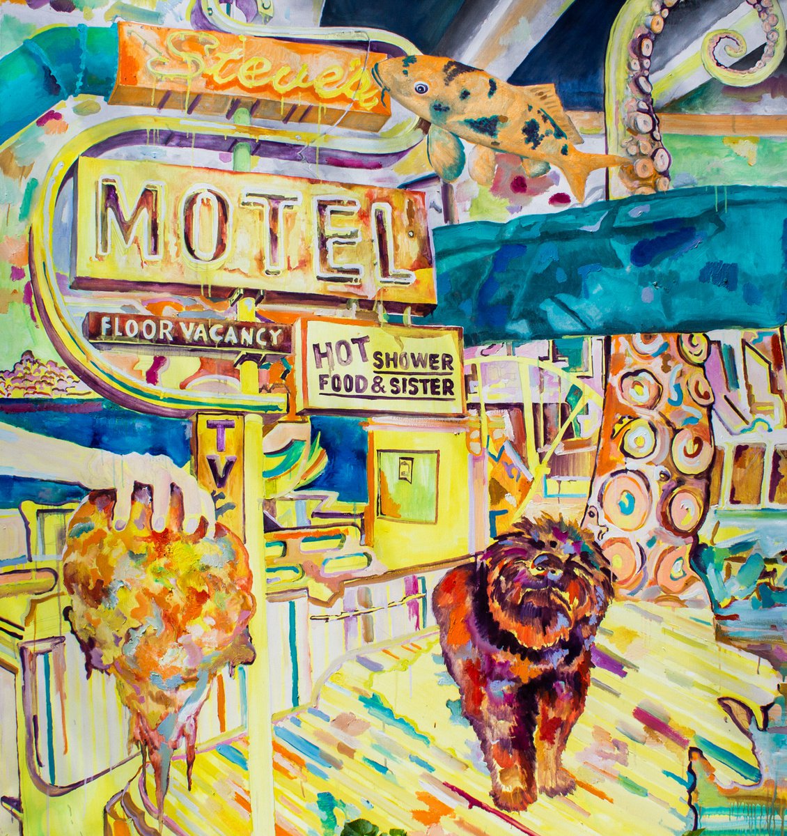 Surrealistic Landscape Oil Painting By Dominic Virtosu, 63 X 67, Hot Shower Food And Sister, Original Artwork