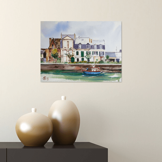 Low water in Deauville. Original watercolor small size impressionism travel france normandy sea seaside landscape interior decor