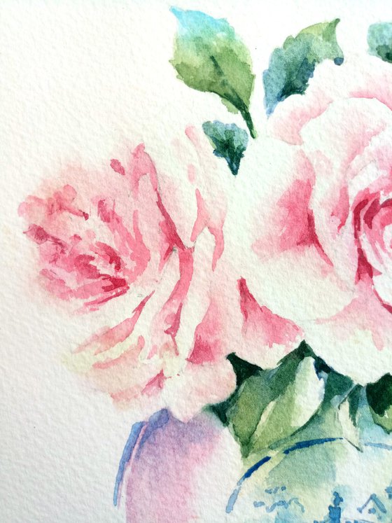 Still life "Bouquet of roses in an antique vase" original watercolor sketch