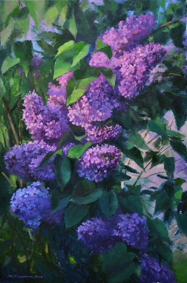 Photorealistic Botanical Oil Painting By Ruslan Kiprych, 16 X 24", Lilac In The Yard, Original Artwork