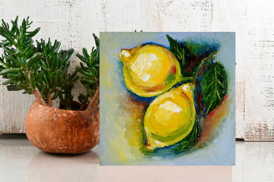 Lemon Painting Original Art Fruit Artwork Citrus Wall Art Small Square Kitchen Decor