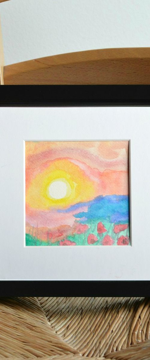 Poppies at Dawn - Mounted Watercolour, small gift idea by Lisa Mann