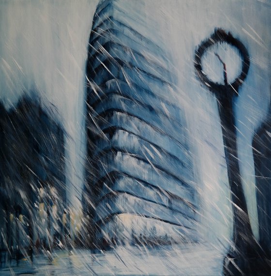 Blizzard in New York - Large Snow New York Cityscape Painting