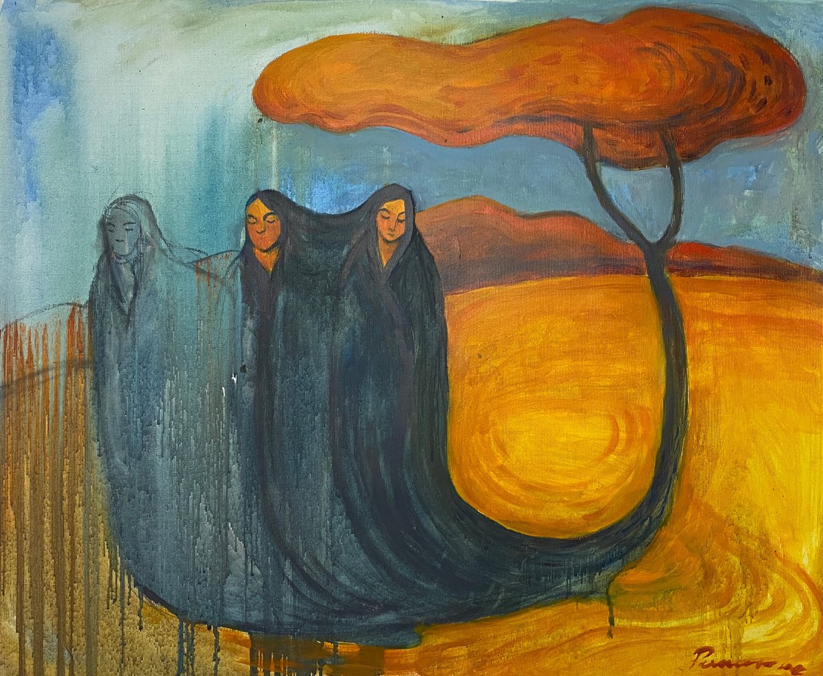 Impressionistic Portrait Acrylic Painting By Liubov Ro, 24 X 20", Melancholy By The Tree, Original Artwork