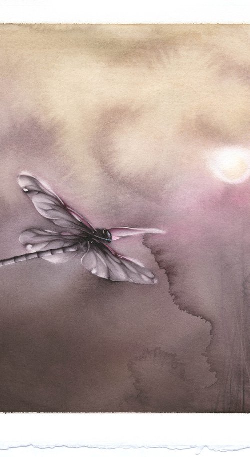 Glimpse VII - Sunset Dragonfly Watercolor Painting by ieva Janu