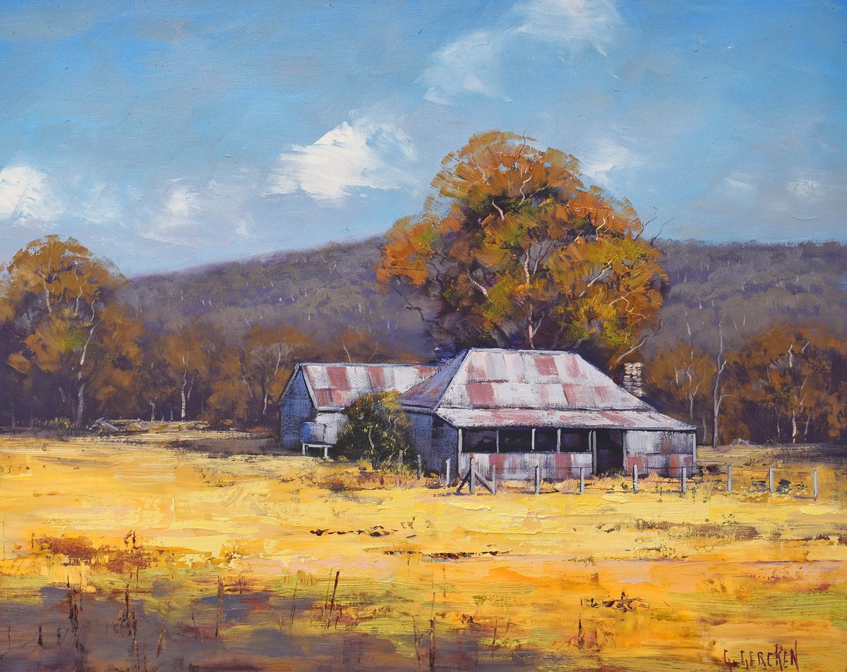 Landscape Painting with Old miners cottage Original oil by Graham Gercken Australian artit... by Graham Gercken