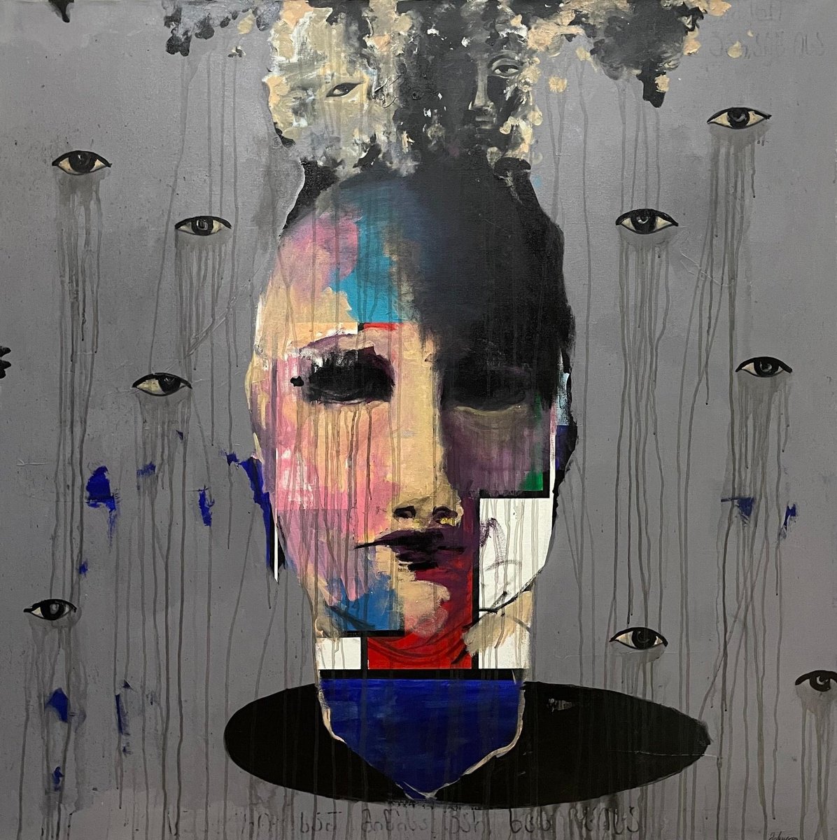 Abstract Portrait Acrylic Painting By Gela Mikava, 47 X 47, Dinner With Mondrian, Original Artwork