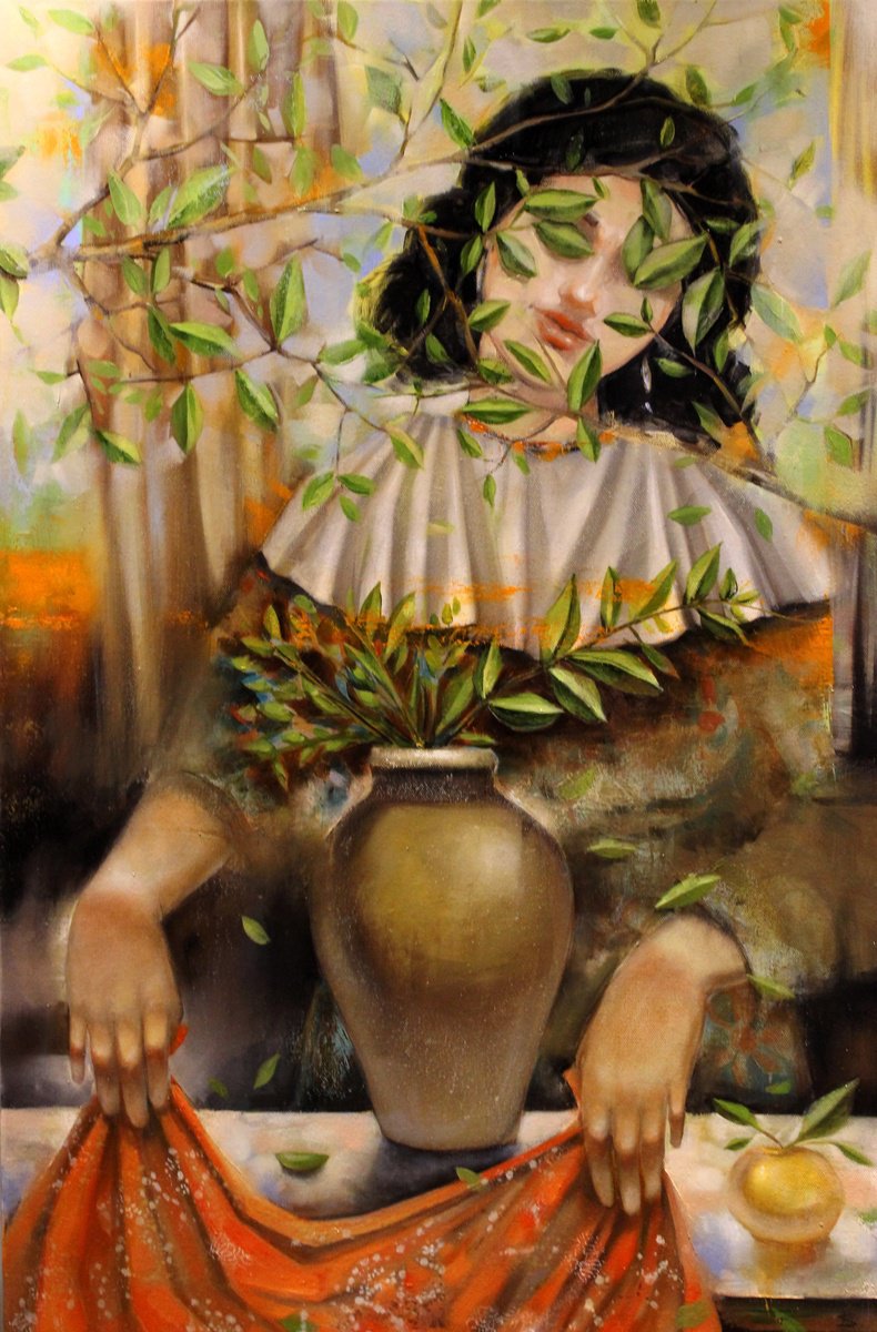 Impressionistic Portrait Oil Painting By Seyran Mejanyan, 28 X 43", Girl Near Window, Original Artwork