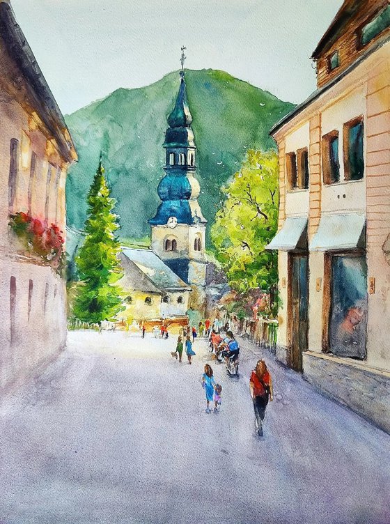 Kranjska gora Slovenia, Original watercolor painting, European mountains village