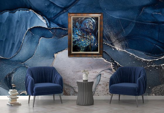 Framed Enigmatic Abstract Dark Blue Angel Series Painting By KLOSKA