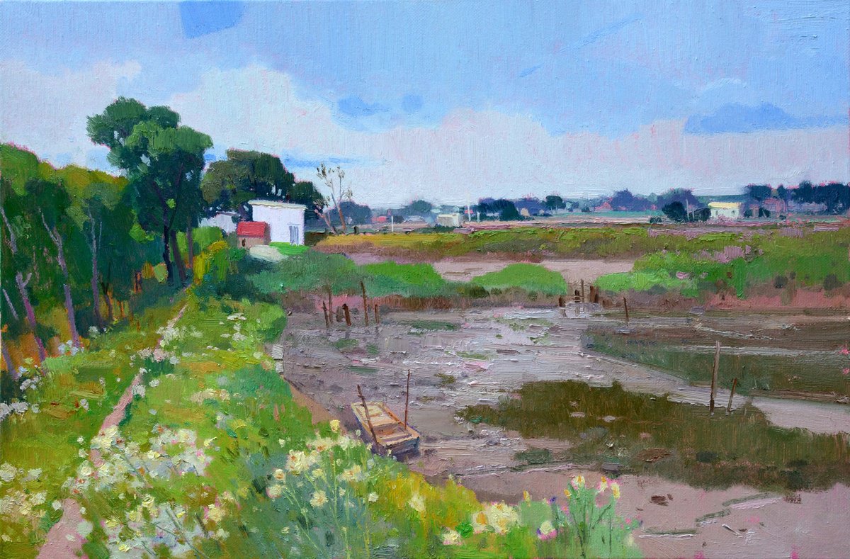 Impressionistic Landscape Oil Painting By Jianzhe Chon, 35 X 24, Landscape Oil Painting:chinese Rural Village 138, Artfinder