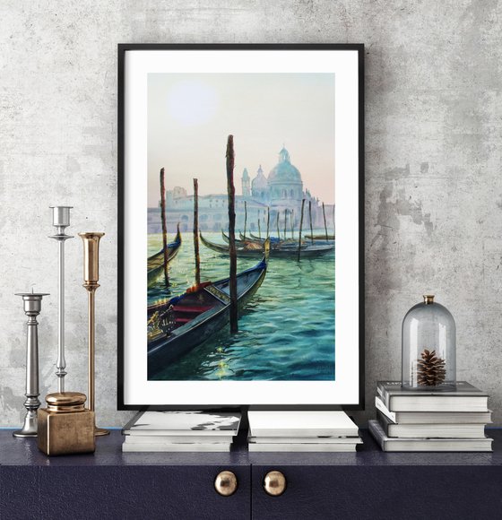 Canal Grande Venice Italy - Gondolas -  sunrise - Santa Maria della Salute