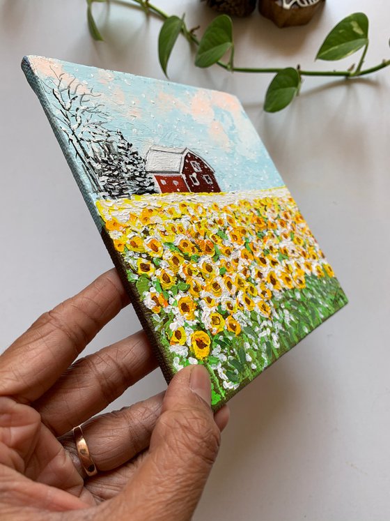 Sunflowers in snow! Miniature canvas painting