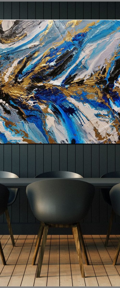 Golden Blue Silk 190cm x 100cm Blue Gold Abstract Art by Franko