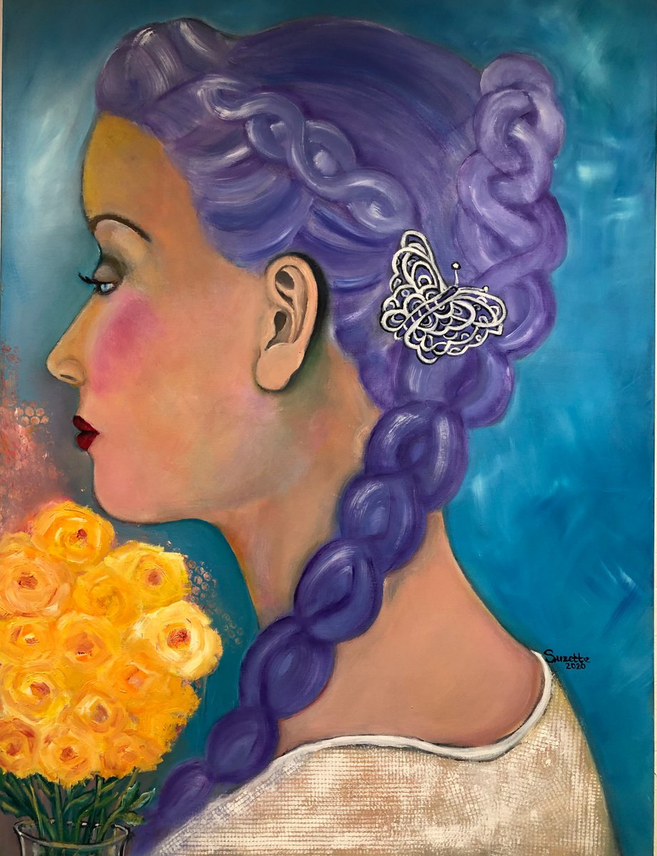 Naive Portrait Oil Painting By Suzette Datema, 30 X 39", Fur Elise, Original Artwork