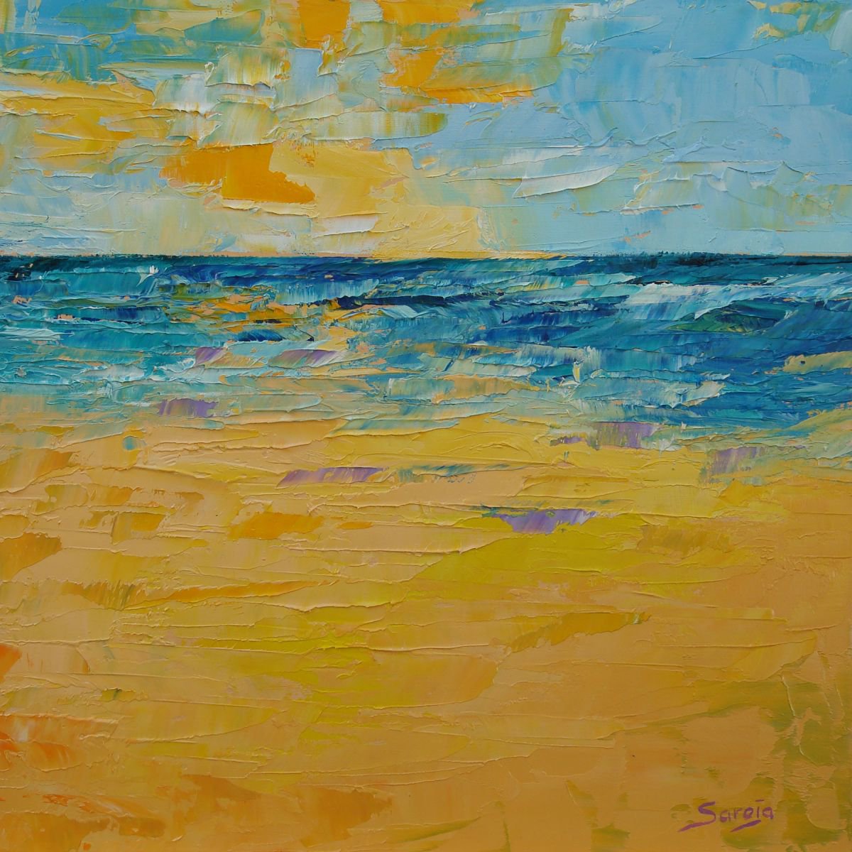 Abstract Landscape Oil Painting By Saroja Van Der Stegen, 9 X 9", Orange Beach 1 (Ref#:1225-19Q), Original Artwork