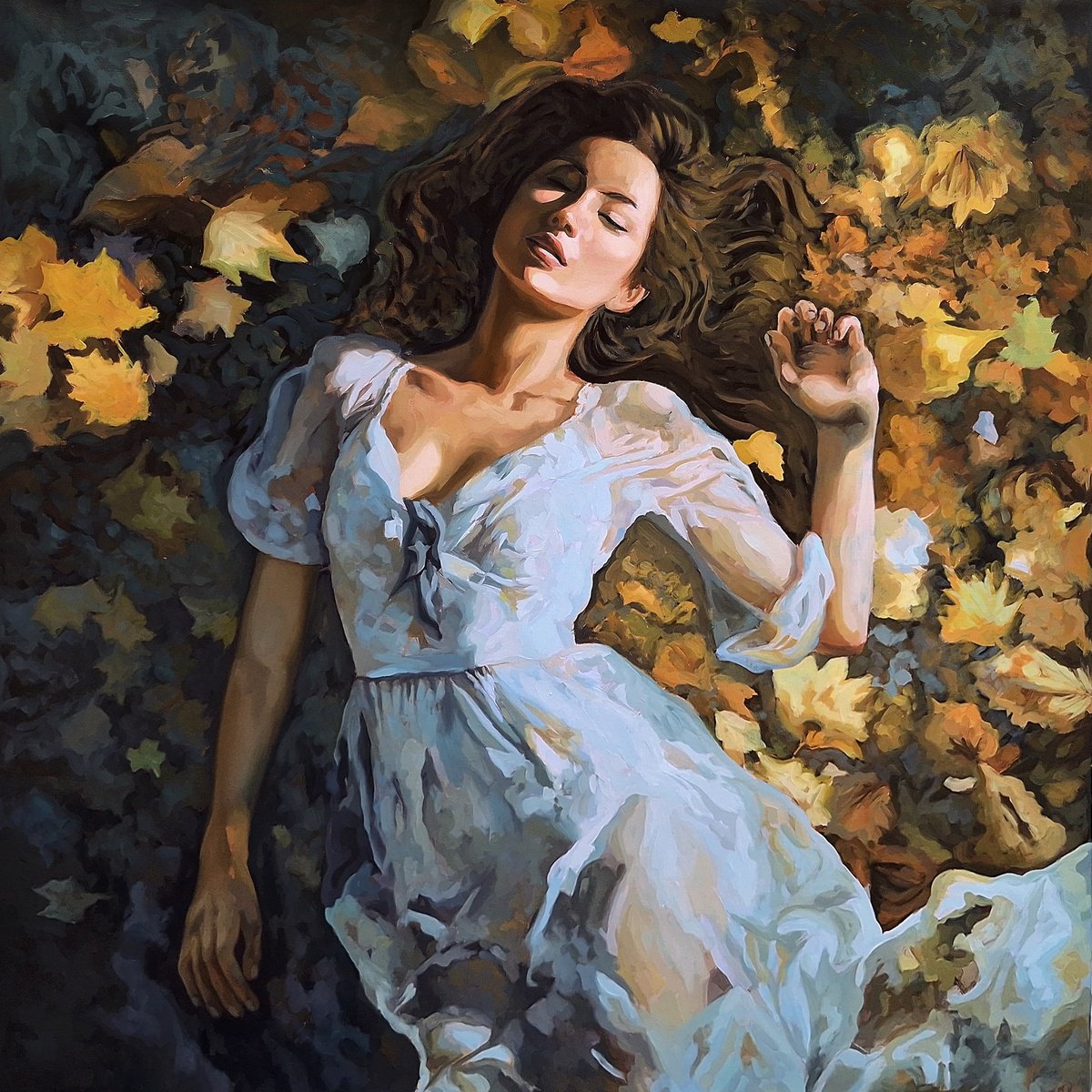 Photorealistic Portrait Oil Painting By Gabriel - Cristian Matei, 35 X 35, In The Arms Of Autumn, Original Artwork