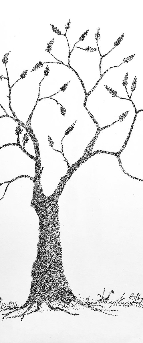 Solitary tree - ink on paper - dots by Cristina Stefan