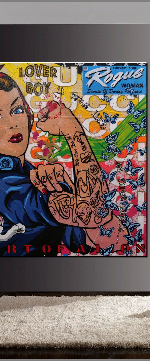 Rosie's Heart of a Lion 150cm x 150cm Rosie The Riveter Textured Urban Pop Art by Franko
