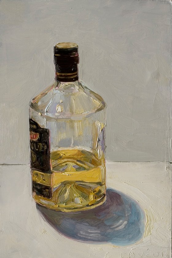 modern rough still life of french rum bottle