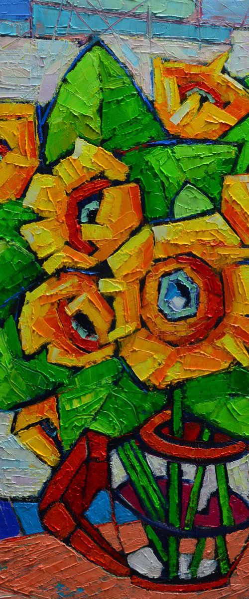 CUBIST SUNFLOWERS - modern colorful vibrant highly textured floral palette knife oil painting by ANA MARIA EDULESCU