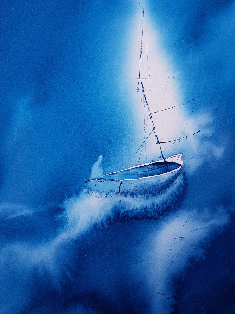 Blue sea landscape. Sailboat. Original watercolor picture. by Marina Abramova